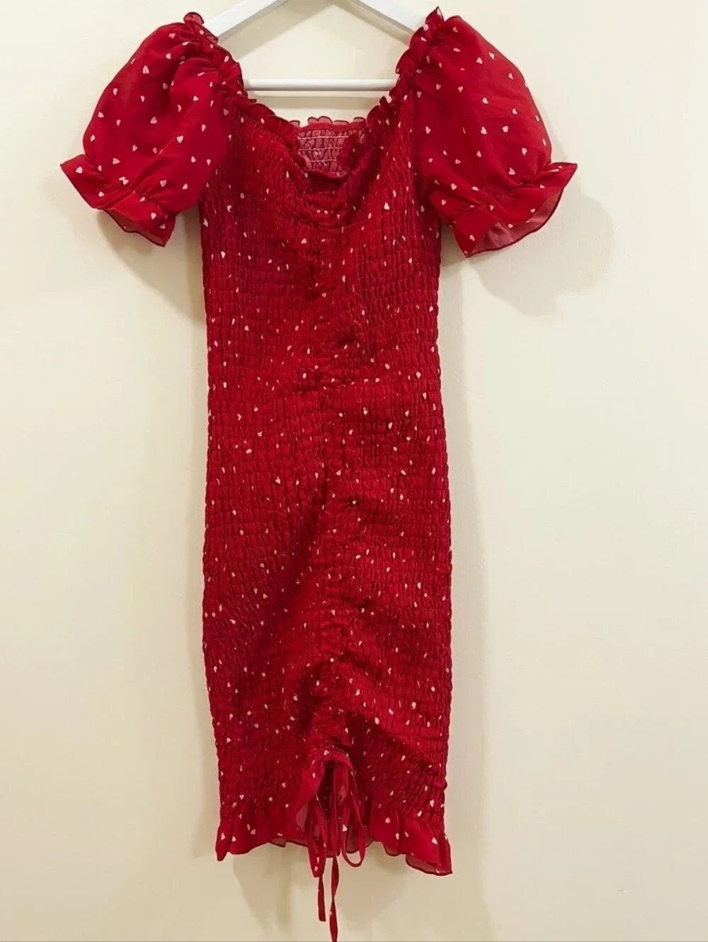 Red Smocked Heart Print Off the Shoulder Ruched Mini Dress Medium Valentine